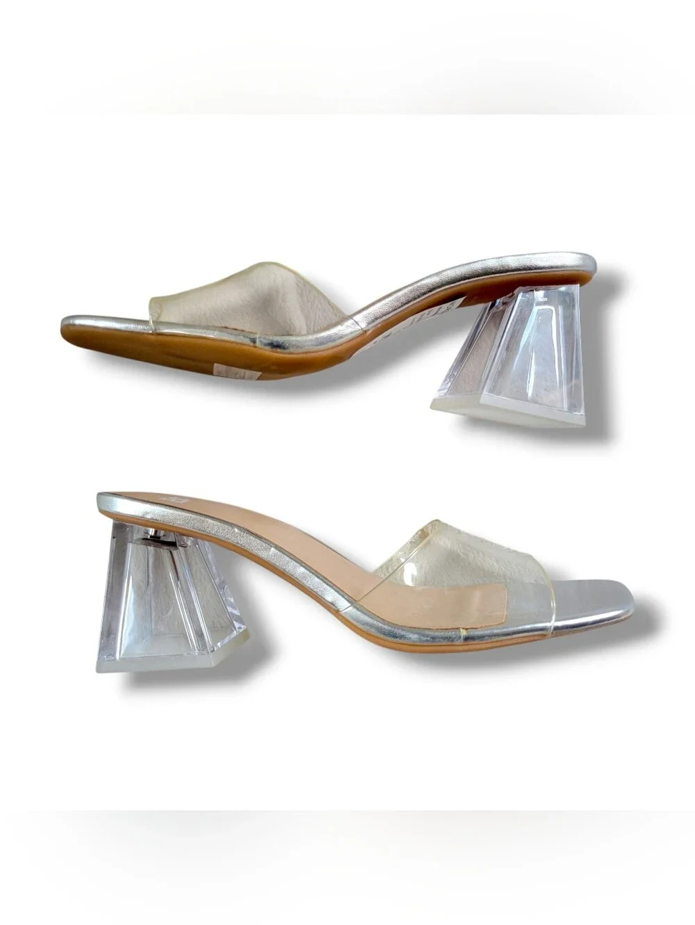 ✨️HP✨️Nordstrom | bp | EUC Metallic Silver/Clear Open Toe Block Heeled Mules - Picture 6 of 10